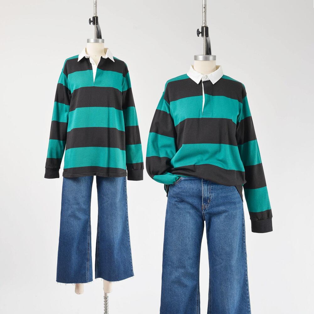 Vintage 80s Striped Rugby Shirt Unisex Preppy Shirt Green Black Cotton Top M